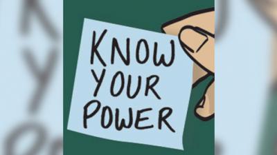 An illustrated hand holding a post it note that reads "Know your power."