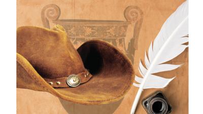 A collage with a leather cowbot hat, urn and quill pen and ink. 