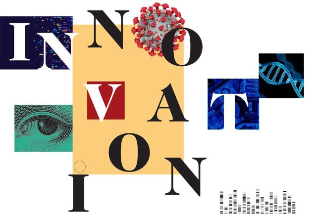 collage with elements depicting research and the word innovation spelled out
