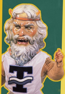 mascot costume of Neptune consisting of a mask with horns sticking out of flowing white hair and a toga wardrobe