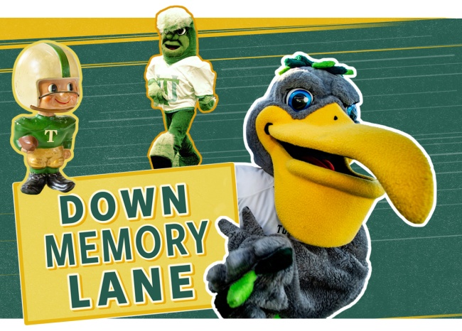 Historic mascots Greenie, little boy in football gear; Gumby, tall with green fur; and Riptide, fuzzy-feathered pelican with big yellow beak. 