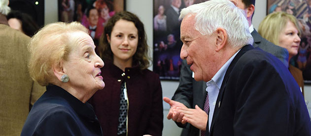 State Madeleine Albright chats with University Professor of History Walter Isaacson
