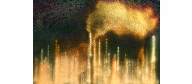 ghostly yellow industrial plant at night with smoke