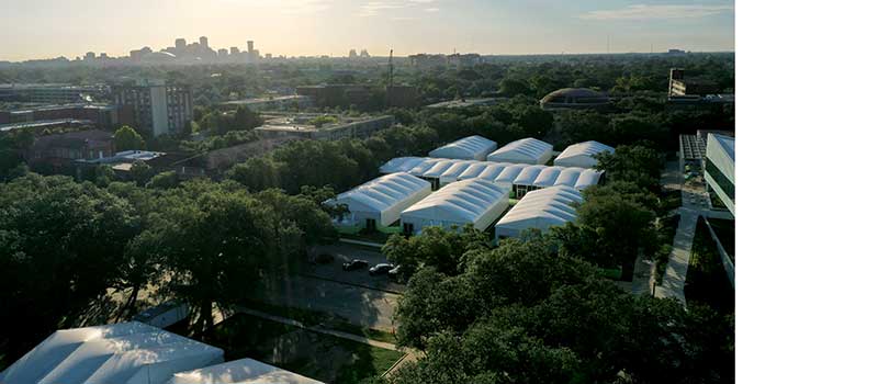 aerial view of Tulane's campus showing temporary buildings for COVID-19 safety