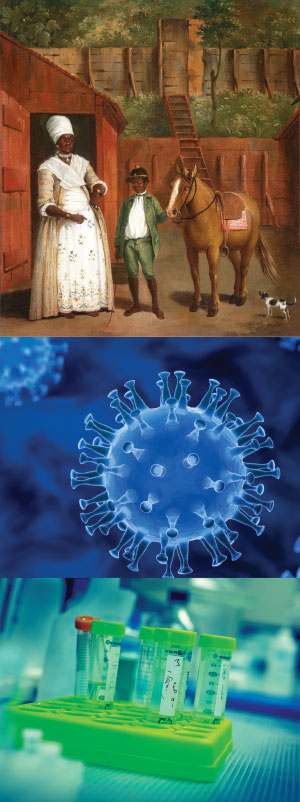 an Agostino Brunias painting, a COVID virus and tubes in a lab