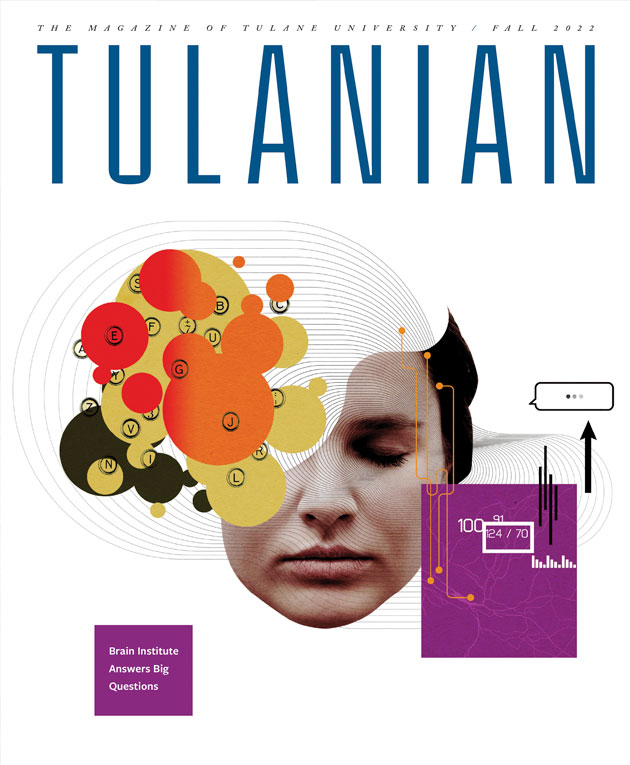 Tulanian fall 2022 cover with illustration on brain studies featuring Tulane Brain Institute