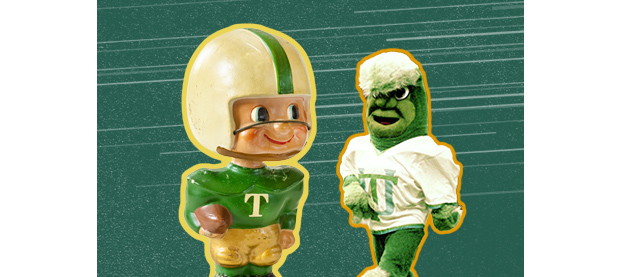 Historic mascots Greenie, little boy in football gear; and Gumby, tall with green fur