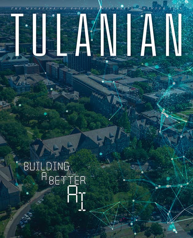 aerial view of Tulane campus with web of fiber optic light
