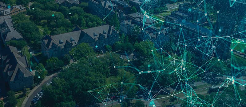 collage of an aerial view of Tulane's campus with fiber connection light web