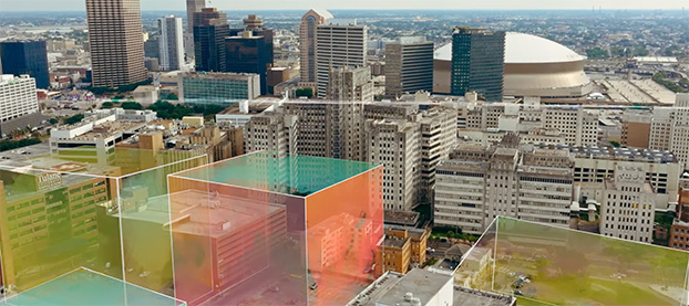 New Orleans downtown buildings with colorful boxes representing future construction