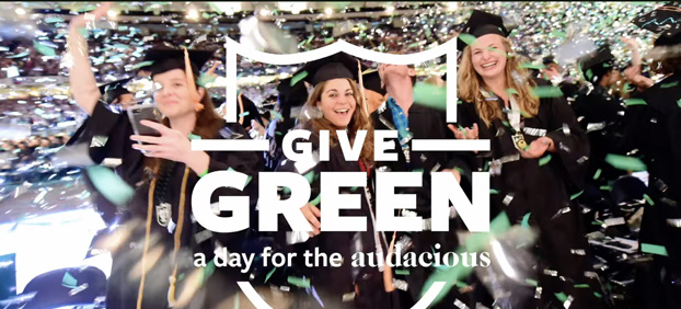 give green logo with graduating students celebrating with confetti falling