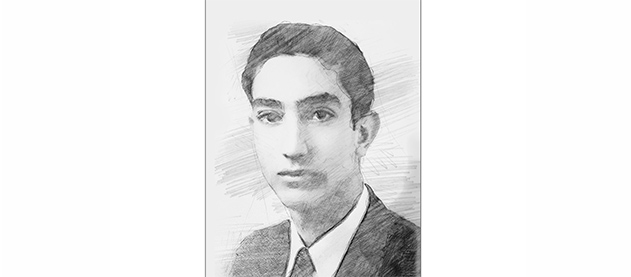 pencil sketch portrait of a young Dr. Mitchell Ede wearing a suit and tie