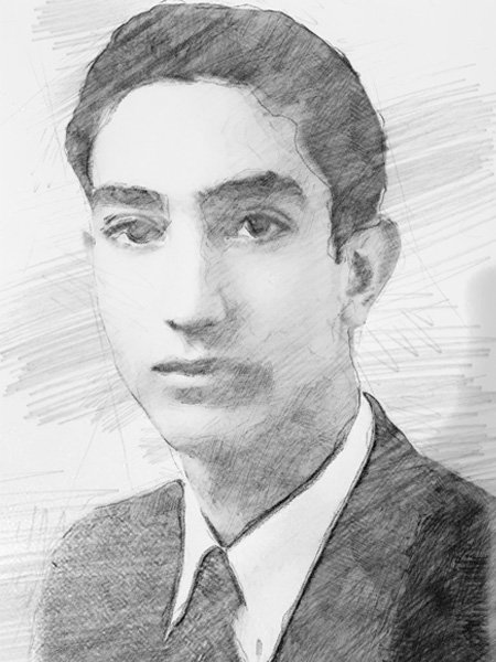 pencil sketch portrait of a young Dr. Mitchell Ede wearing a suit and tie