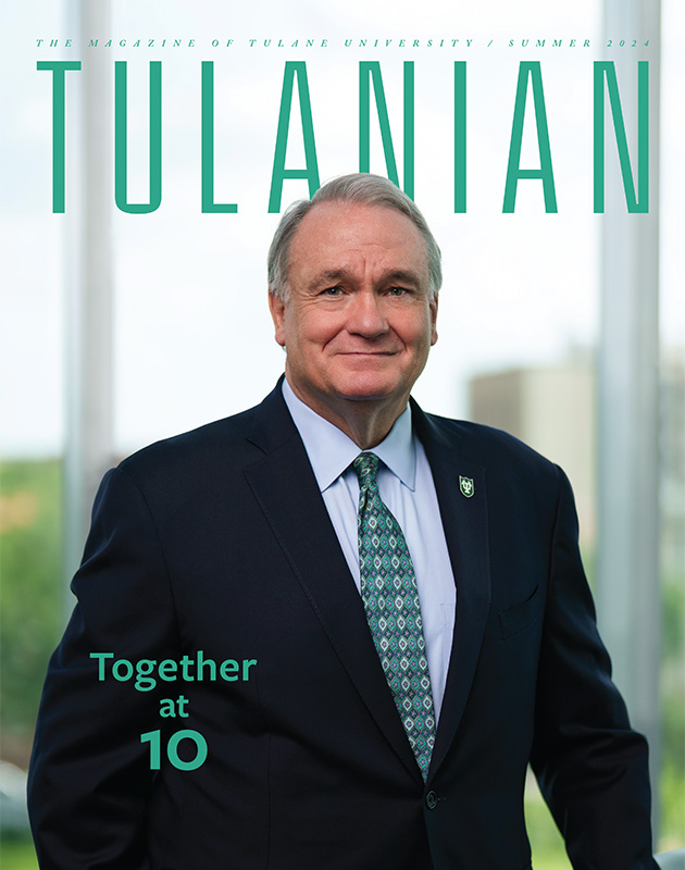 portrait of President Fitts on Tulanian magazine with headline "Together at 10"