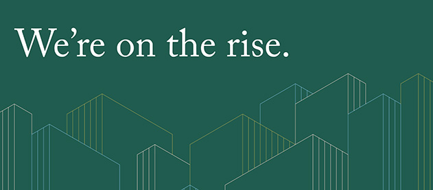 graphic with skyscraper outlines and "we're on the rise" text