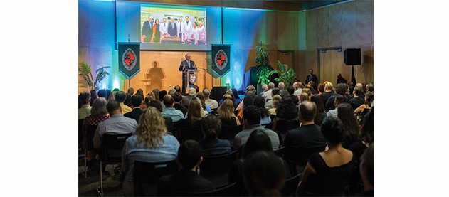 audience listens to President Fitts' State of the University presentation