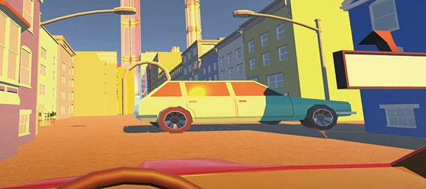 video game scene with cars and buildings