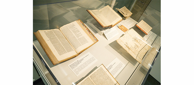 books in a display case in the Latin American Library