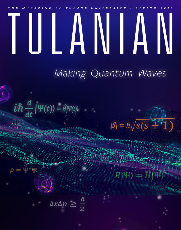 cover of Tulanian magazine with quantum wave and particle illustration