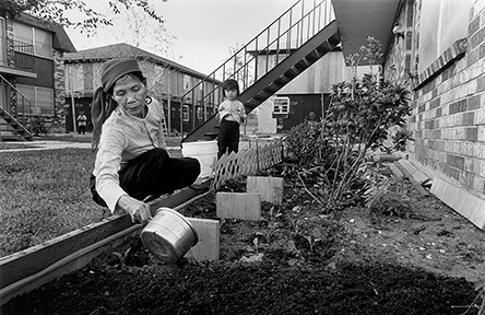 A woman tends to a garden with a watering can. A child stands nearby. Apartments with stairs are seen in the background.