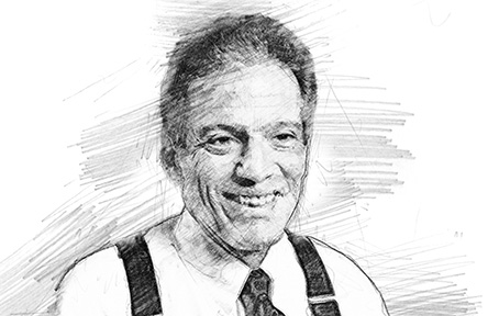 Black and white sketch of a smiling man in a tie and suspenders.