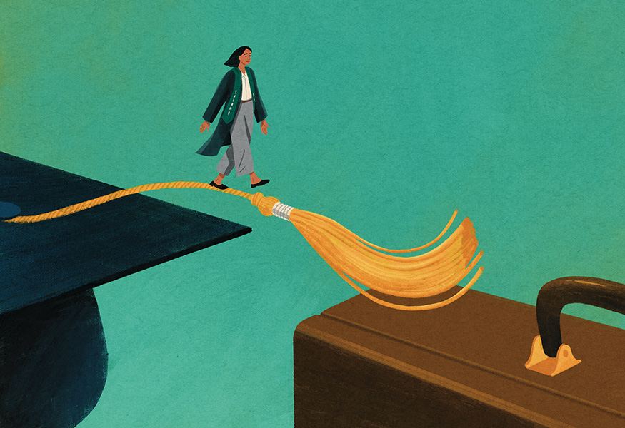 Illustration: Person walks on a graduation tassel bridging a graduation cap and a briefcase.