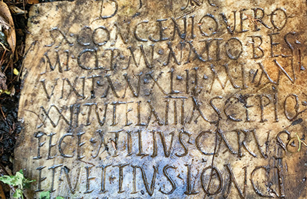 Weathered ancient stone with deeply carved Roman Latin inscription.