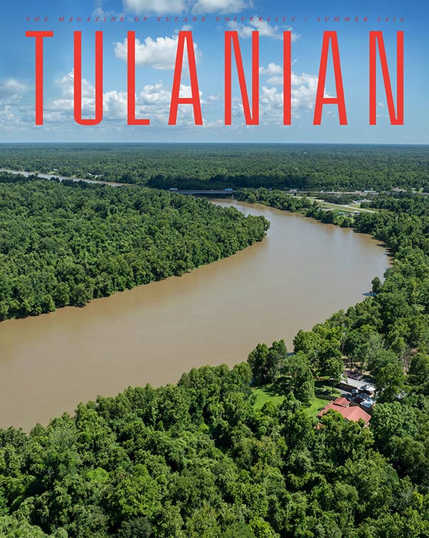 magazine cover with aerial view of Louisiana river bend and trees