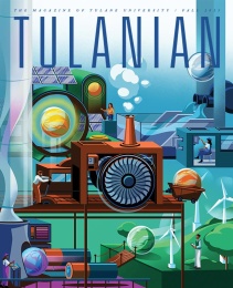 Illustration with wind turbines, solar panels, and scientists working on energy tech. Bright, vibrant colors suggest innovation.