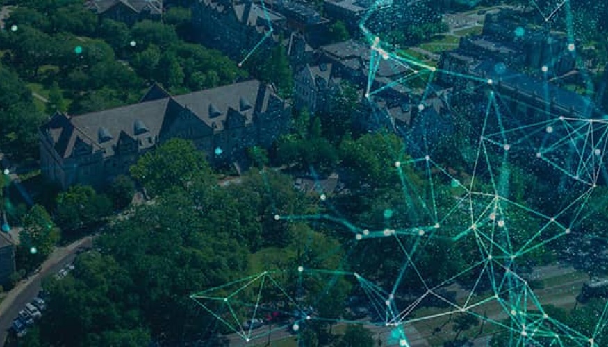 collage of an aerial view of Tulane's campus with fiber connection light web