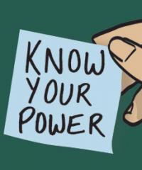 An illustrated hand holding a post it note that reads "Know your power."