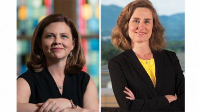 UNIVERSITY LEADERS Tania Tetlow, left, (NC ’92), is the first woman and the first layperson to lead Loyola University New Orleans. Pamela S. Whitten, right, (B ’85), took over at Kennesaw State University, the third-largest university in Georgia, in July.