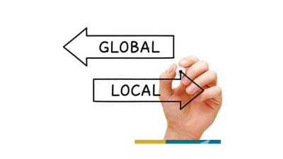 graphic of hand and arrows depicting interchange of global and local commerce