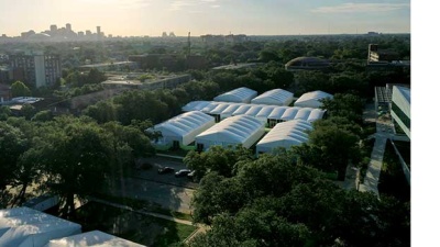 aerial view of Tulane's campus showing temporary buildings for COVID-19 safety