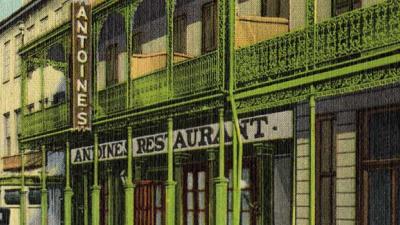 section of a circa 1930 postcard showing Antoine's restaurant