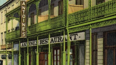 section of a circa 1930 postcard showing Antoine's restaurant