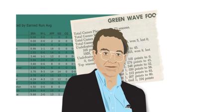 Illustration depicting Gayle Letulle with historic statistics for Tulane athletics. 