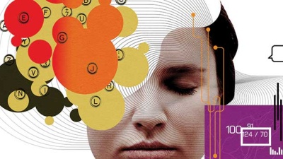 Stuart Bradford illustration of female face surrounded with data elements