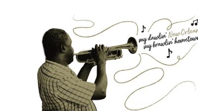 musician playing trumpet with lyrics to "My Dawlin New Orleans" coming out of the horn