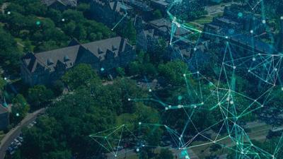 collage of an aerial view of Tulane's campus with fiber connection light web