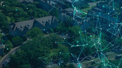Building a Better AI collage of an aerial view of Tulane's campus with fiber connection light web