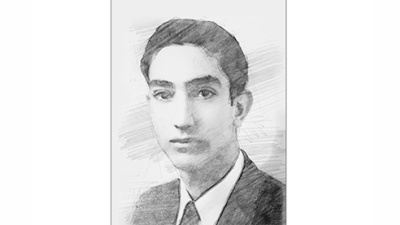 pencil sketch portrait of a young Dr. Mitchell Ede wearing a suit and tie