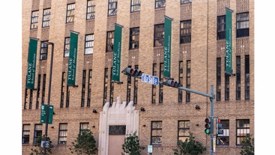 Medical School brown building with green flag signs