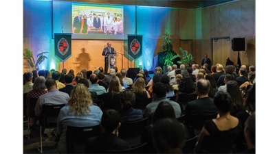 audience listens to President Fitts' State of the University presentation