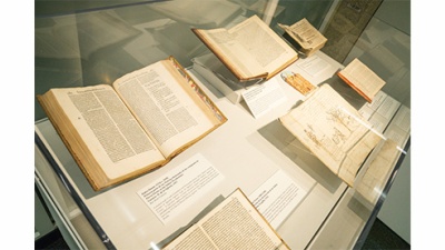 books in a display case in the Latin American Library