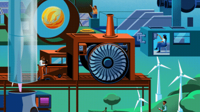 Futuristic energy scene with giant turbine, solar panels, and wind turbines. 
