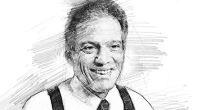 Black and white sketch of a smiling man in a tie and suspenders.