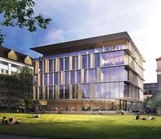 An architectural rendering depicts Steven and Jann Paul Hall for the School of Science and Engineering