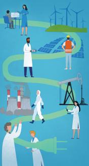 illustration depicting workers in energy-related fields: business, wind and solar energy, oil standing along an electrical cord
