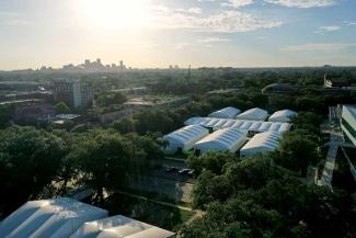 aerial view of Tulane's campus showing temporary buildings for COVID-19 safety